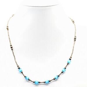 Vintage Liquid Silver Blue Cat's Eye Bead 18.5" Barrel Clasp Necklace